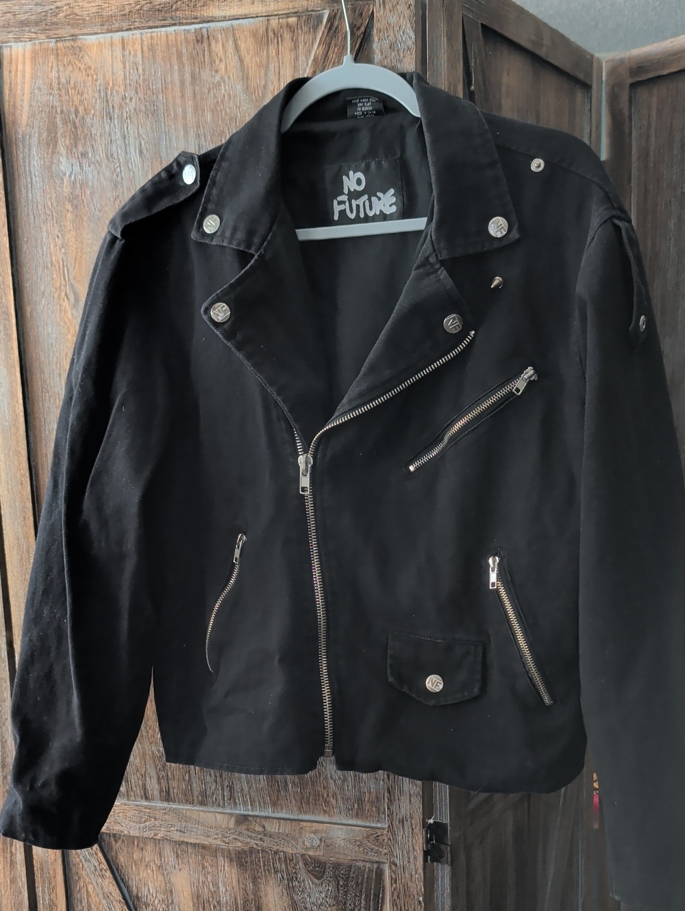 No Future Vintage Black Bomber-Style Moto Jacket with Silver Hardware